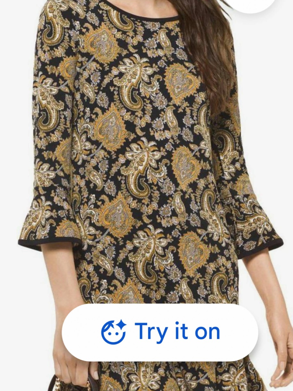 NWOT Michael Kors Black Paisley Flounce Dress with Gold and Cream Accents. Med.